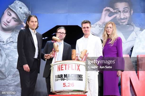 Producer Dede Gardner, Brad Pitt, director David Michod and producer Jeremy Kleiner attend the premiere for 'War Machine' at Roppongi Hills on May...