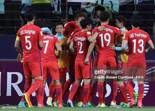 Paik Seungho of Korea Republic celebrates with teammates after scoring a goal during the FIFA U-20 World Cup Korea Republic 2017 group A match...