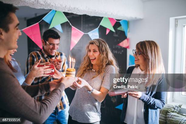 surprise for birthday on work place - surprise birthday party stock pictures, royalty-free photos & images