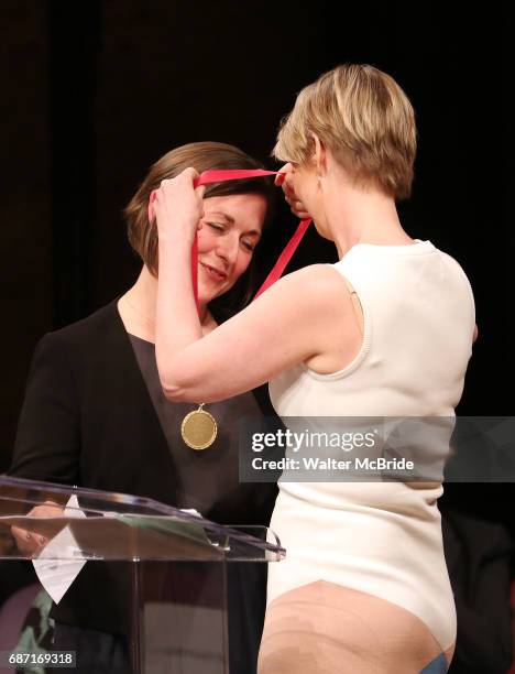 Mandy Greenfield and Cynthia Nixon on stage at the 2017 The Lilly Awards at Playwrights Horizons on May 22, 2017 in New York City.