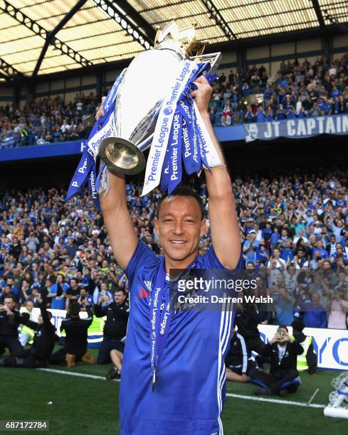 John Terry of Chelsea celebrates winning the league following the Premier League match between Chelsea and Sunderland at Stamford Bridge on May 21,...