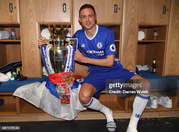 Nemanja Matic of Chelsea celebrates winning the league following the Premier League match between Chelsea and Sunderland at Stamford Bridge on May...