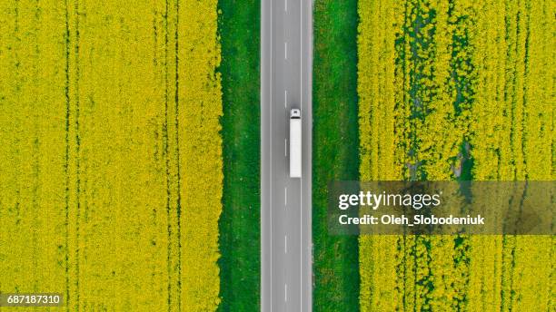 aerial view of truck on highway  near the yellow field of rapeseed - truck birds eye stock pictures, royalty-free photos & images