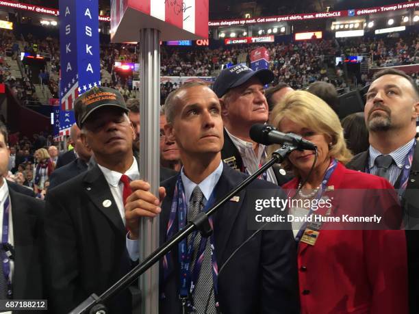 American Head of New Hampshire delegation and former Trump campaign manager Corey Lewandowski announces his delegation's vote from the floor during...