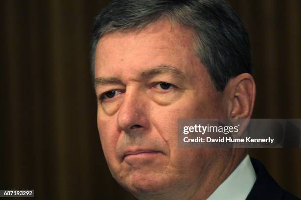 Close-up of US Attorney General John Ashcroft during a press conference at FBI headquarters, Washington DC, September 28, 2001. At the conference,...