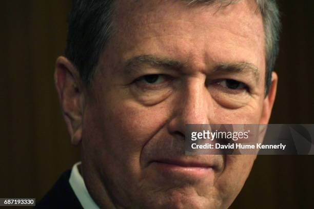 Close-up of US Attorney General John Ashcroft during a press conference at FBI headquarters, Washington DC, September 28, 2001. At the conference,...