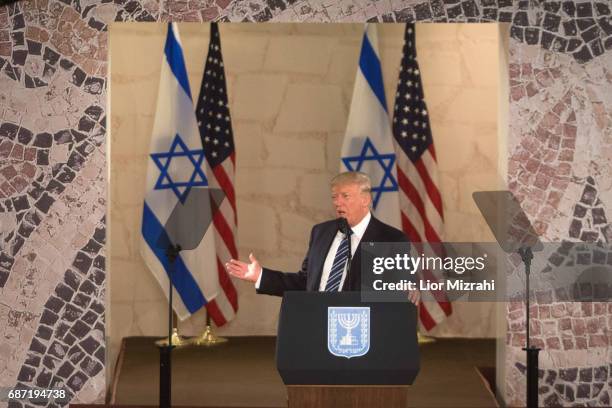 President Donald J. Trump delivering a speech during a visit to the Israel Museum on May 23, 2017 in Jerusalem, Israel. U.S. President Donald Trump...