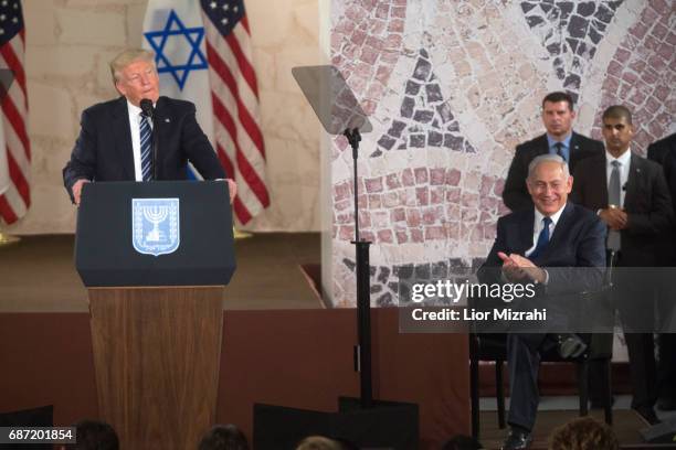 President Donald Trump and Israel's Prime Minister Benjamin Netanyahu delivering a speech during a visit to the Israel Museum on May 23, 2017 in...