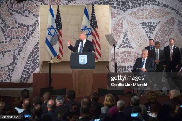 President Donald Trump and Israel's Prime Minister Benjamin Netanyahu delivering a speech during a visit to the Israel Museum on May 23, 2017 in...