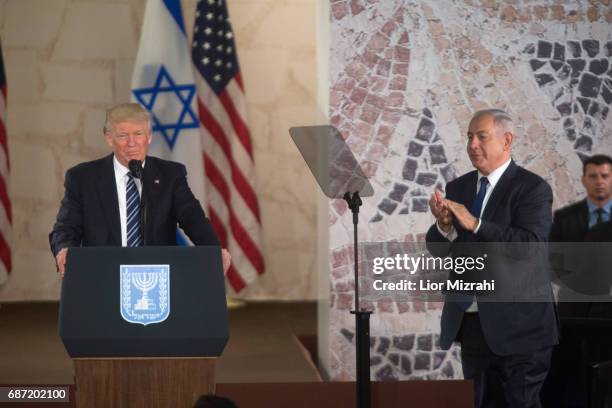 President Donald Trump and Israel's Prime Minister Benjamin Netanyahu delivering a speech during a visit to the Israel Museum on May 23, 2017 in...