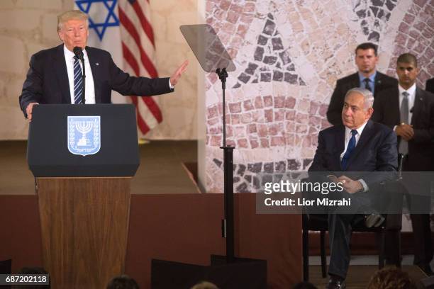 President Donald Trump and Israel's Prime Minister Benjamin Netanyahu delivering a speech during a visit to the Israel Museum on May 23, 2017 in...