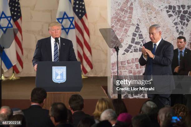 President Donald Trump and Israel's Prime Minister Benjamin Netanyahu delivering a speech during a visit to the Israel Museum on May 23, 2017 in...