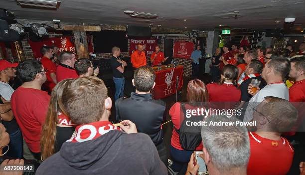 Gary McAllister and Jason McAteer legends of Liverpool during a question and answer session with fans at Cheers Bar on May 23, 2017 in Sydney,...