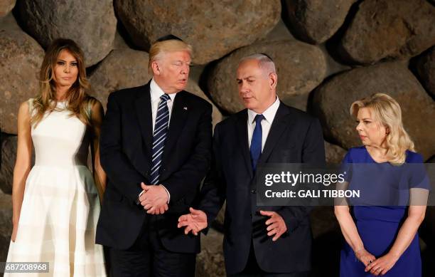 First Lady Melania Trump, US President Donald Trump , Israel Prime Minister Benjamin Netanyahu and his wife Sara attend a wreath laying ceremony...