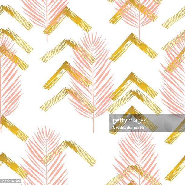 tropische blätter muster mit pinselstrichen und gold - tropisches muster stock-grafiken, -clipart, -cartoons und -symbole