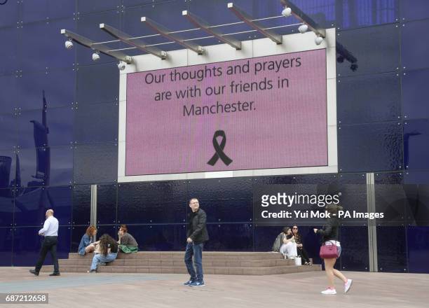Tribute message outside the O2 Arena in London, the morning after a suicide bomber killed 22 people, including children, as an explosion tore through...