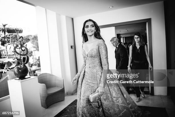 Sonam Kapoor departs the Martinez Hotel on May 22, 2017 in Cannes, France.