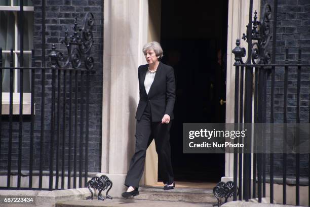 The Prime Minister, Theresa May, is pictured while speaks to the media at Downing Street, following the Manchester terror attack, London on May 23,...