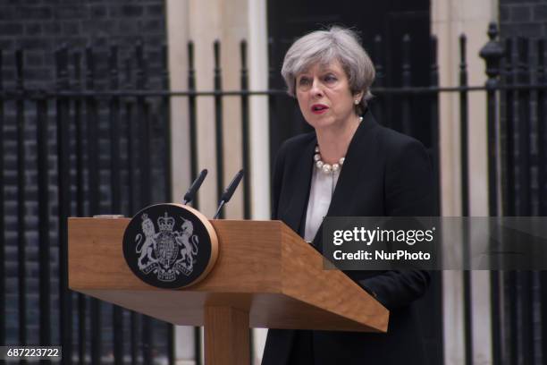 The Prime Minister, Theresa May, is pictured while speaks to the media at Downing Street, following the Manchester terror attack, London on May 23,...