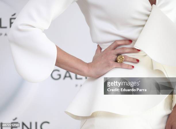 Model and actress Mar Saura, ring detail, attends the 'Galenic' presentation at Pons Fundation on May 23, 2017 in Madrid, Spain.
