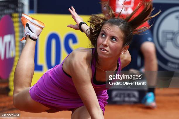 Annika Beck of Germany in action against Lena Rueffer of Germany in the first round during the WTA Nuernberger Versicherungscup on May 23, 2017 in...