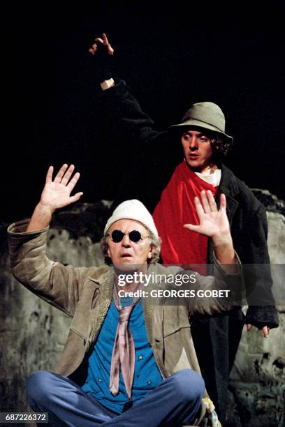 Photo taken on May 1995 in Avignon, southern France, showing German actor Heinz Bennent and his son David Bennet performing on stage in a play...