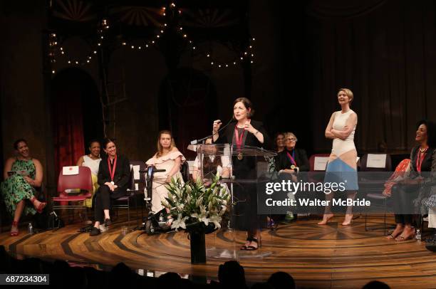 Mandy Greenfield and Cynthia Nixon on stage at the 2017 The Lilly Awards at Playwrights Horizons on May 22, 2017 in New York City.