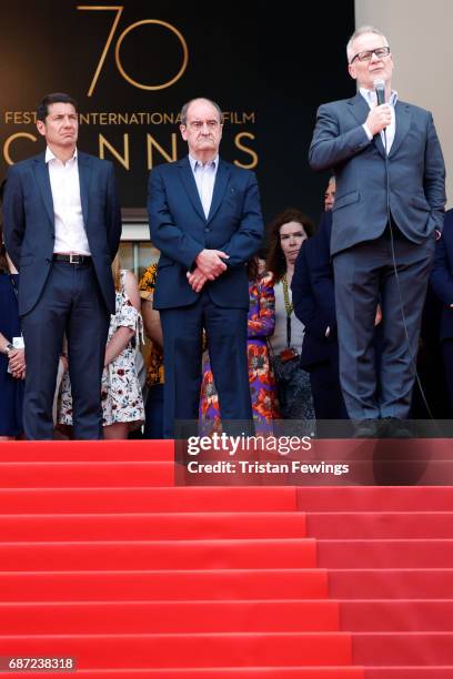 Director of the Cannes Film Festival Thierry Fremaux speaks as President of the Cannes Film Festival Pierre Lescure with other participants of the...