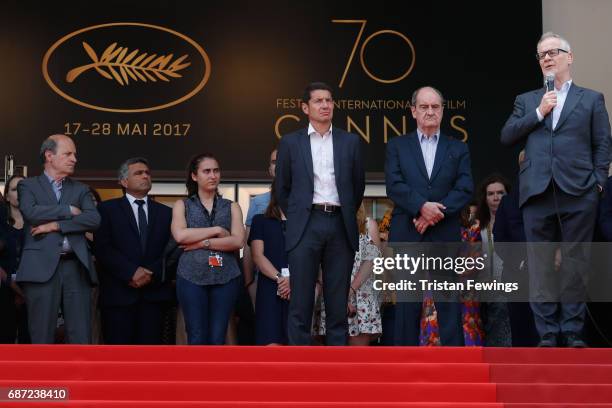 Director of the Cannes Film Festival Thierry Fremaux speaks as President of the Cannes Film Festival Pierre Lescure with other participants of the...