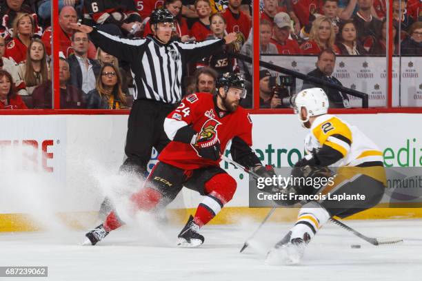 Viktor Stalberg of the Ottawa Senators controls the puck against Chad Ruhwedel of the Pittsburgh Penguins in Game Four of the Eastern Conference...