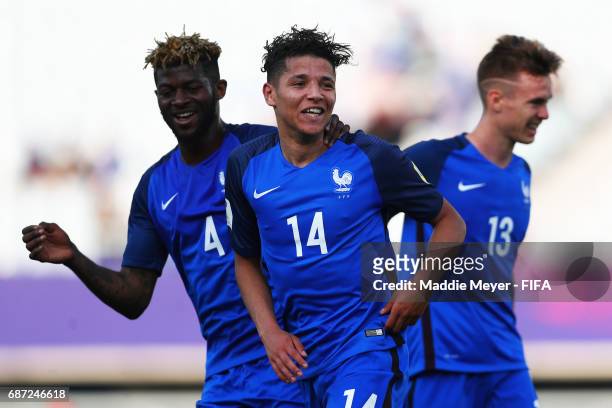 Amine Harit of France celebrates with Jerome Onguene after scoring a goal during the FIFA U-20 World Cup Korea Republic 2017 group E match between...