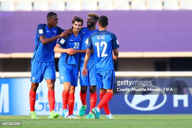 Martin Terrier celebrates with Ludovic Blas, Jerome Onguene and Issa Diop after scoring his teams third goal during the FIFA U-20 World Cup Korea...