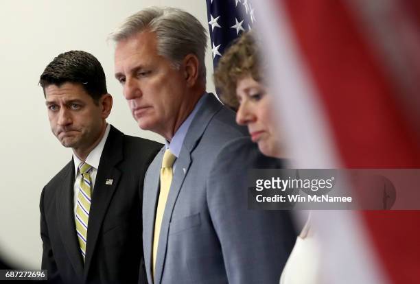 Speaker of the House Paul Ryan and House Majority Leader Kevin McCarthy participate in a press conference at the U.S. Capitol May 23, 2017 in...