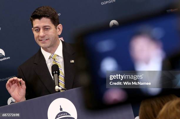 Speaker of the House Paul Ryan answers questions from reporters at the U.S. Capitol May 23, 2017 in Washington, DC. Members of the House Republican...