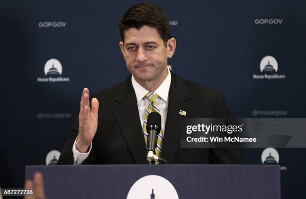 Speaker of the House Paul Ryan answers questions from reporters at the U.S. Capitol May 23, 2017 in Washington, DC. Members of the House Republican...