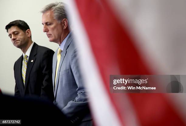 Speaker of the House Paul Ryan and House Majority Leader Kevin McCarthy participate in a press conference at the U.S. Capitol May 23, 2017 in...