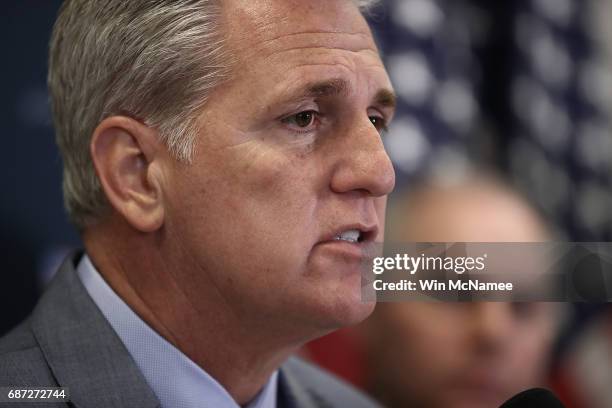 House Majority Leader Kevin McCarthy delivers remarks during a press conference at the U.S. Capitol May 23, 2017 in Washington, DC. Members of the...