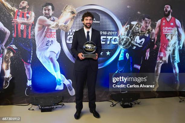 Spanish basketball player Sergio Llull of Real Madrid receives the 'MVP Movistar de la Liga Endesa 2016-2017' award at the Telefonica Las Tablas on...