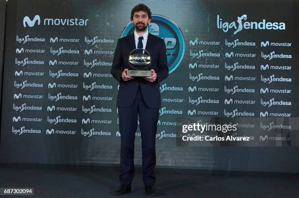 Spanish basketball player Sergio Llull of Real Madrid receives the 'MVP Movistar de la Liga Endesa 2016-2017' award at the Telefonica Las Tablas on...