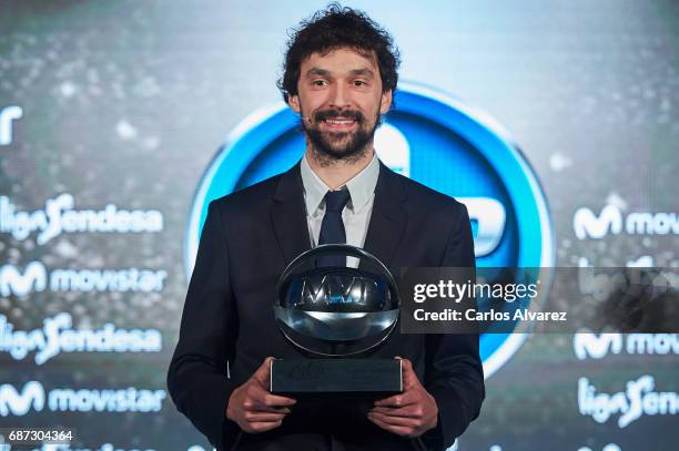 Spanish basketball player Sergio Llull of Real Madrid receives the 'MVP Movistar de la Liga Endesa 2016-2017' award at the Telefonica Las Tablas on...