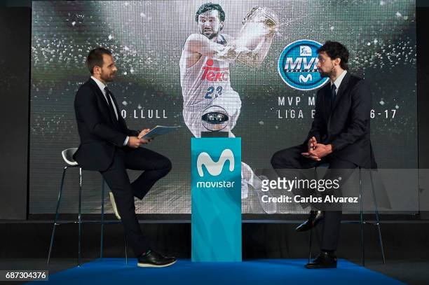 David Carnicero and Spanish basketball player Sergio Llull of Real Madrid attend the 'MVP Movistar de la Liga Endesa 2016-2017' award at the...
