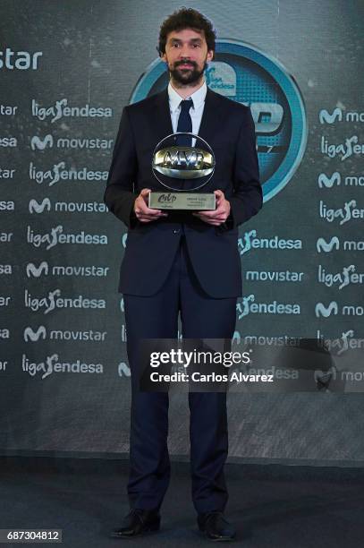 Spanish basketball player Sergio Llull of Real Madrid receives the 'MVP Movistar de la Liga Endesa 2016-2017' award at the Telefonica Las Tablas on...