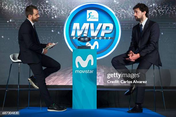 David Carnicero and Spanish basketball player Sergio Llull of Real Madrid attend the 'MVP Movistar de la Liga Endesa 2016-2017' award at the...