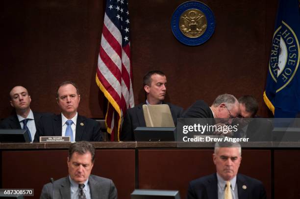 Ranking member Rep. Adam Schiff listens as Rep. Mike Conaway , now leading the House Intelligence investigation after Devin Nunes was forced to...
