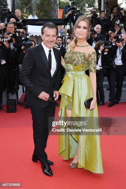 Antonio Banderas and Nicole Kimpel attend the 70th Anniversary of the 70th annual Cannes Film Festival at Palais des Festivals on May 23, 2017 in...