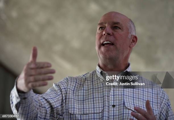 Republican congressional candidate Greg Gianforte speaks to supporters during a campaign meet and greet at Lions Park on May 23, 2017 in Great Falls,...