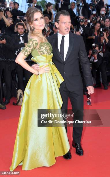 Antonio Banderas and Nicole Kimpel attend the 70th Anniversary of the 70th annual Cannes Film Festival at Palais des Festivals on May 23, 2017 in...