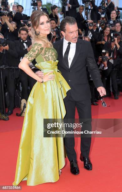 Antonio Banderas and Nicole Kimpel attend the 70th Anniversary of the 70th annual Cannes Film Festival at Palais des Festivals on May 23, 2017 in...