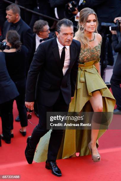 Antonio Banderas and Nicole Kimpel attend the 70th Anniversary of the 70th annual Cannes Film Festival at Palais des Festivals on May 23, 2017 in...