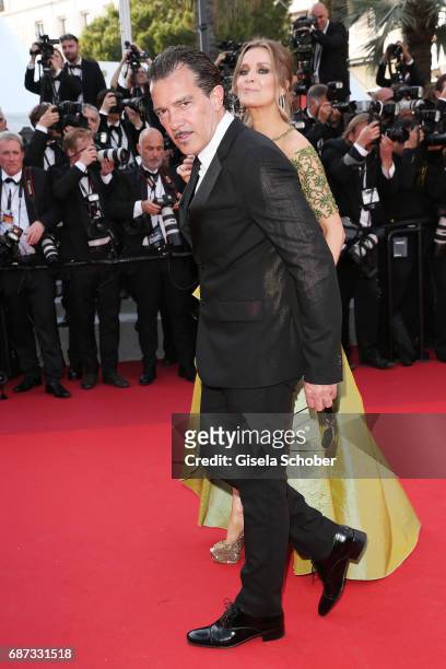 Antonio Banderas and Nicole Kempel attend the 70th Anniversary of the 70th annual Cannes Film Festival at Palais des Festivals on May 23, 2017 in...